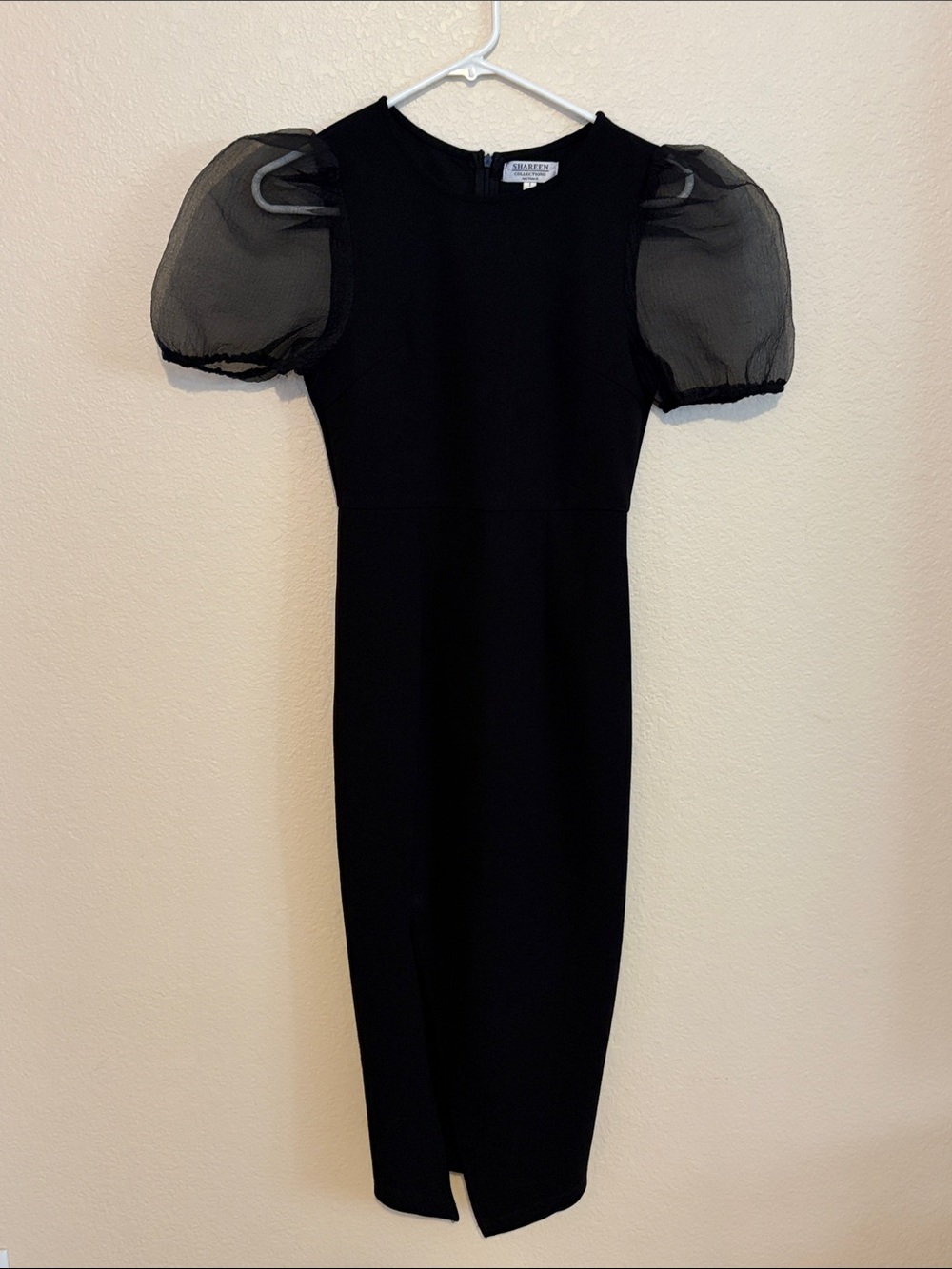 Black Puff-Sleeve Midi Dress with Sheer Organza Sleeves